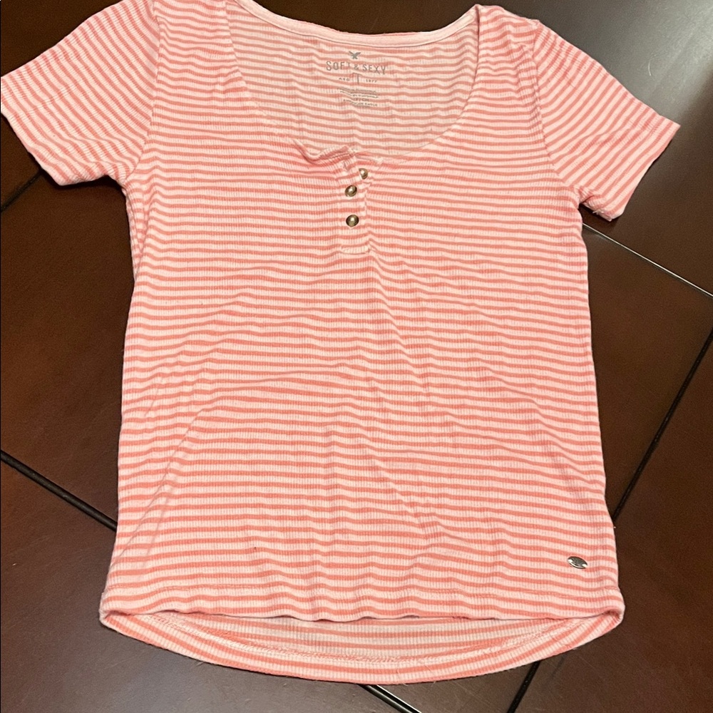 American Eagle Outfitters Coral Striped Short Sleeve Tee